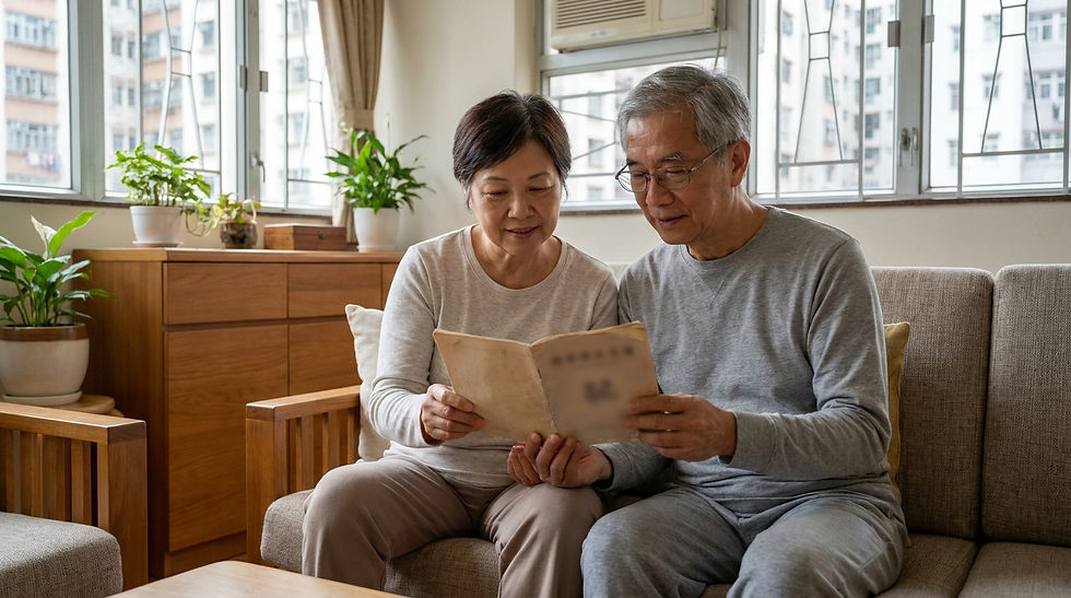 長者男士與家人在家中客廳一同閱讀資料，討論治療方案，氣氛平靜