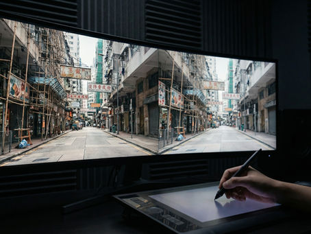 香港影片製作後期工作室，利用 AI 修復技術對香港街道影像進行智能清理與物件移除，展示後期製作流程的效率革命。