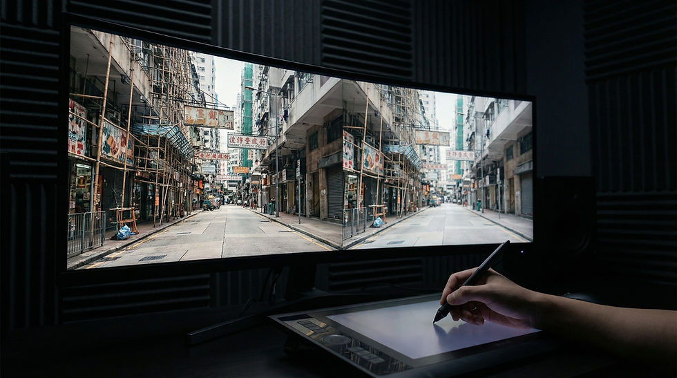 香港影片製作後期工作室，利用 AI 修復技術對香港街道影像進行智能清理與物件移除，展示後期製作流程的效率革命。