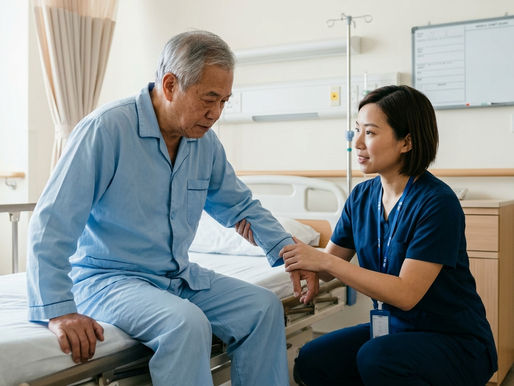長者在日間復康中心的活動室內,跟隨職業治療師練習日常生活動作
