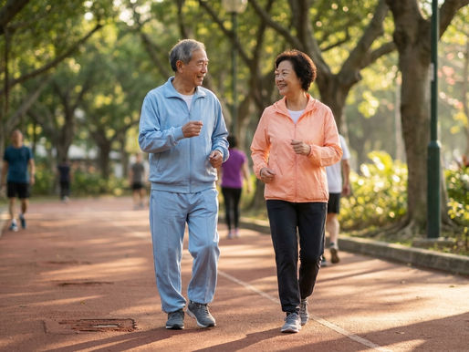 認知障礙症預防 香港 — 香港中老年夫婦在公園晨運區並肩快步行,笑容輕鬆自然