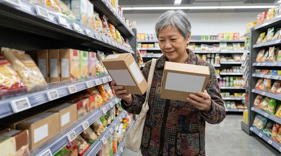 長者在超市貨架前比較自家品牌貨品