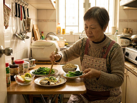 糖尿病飲食控制 香港 — 中老年女士在廚房準備低升糖指數健康餐,桌上有糙米、蔬菜和魚
