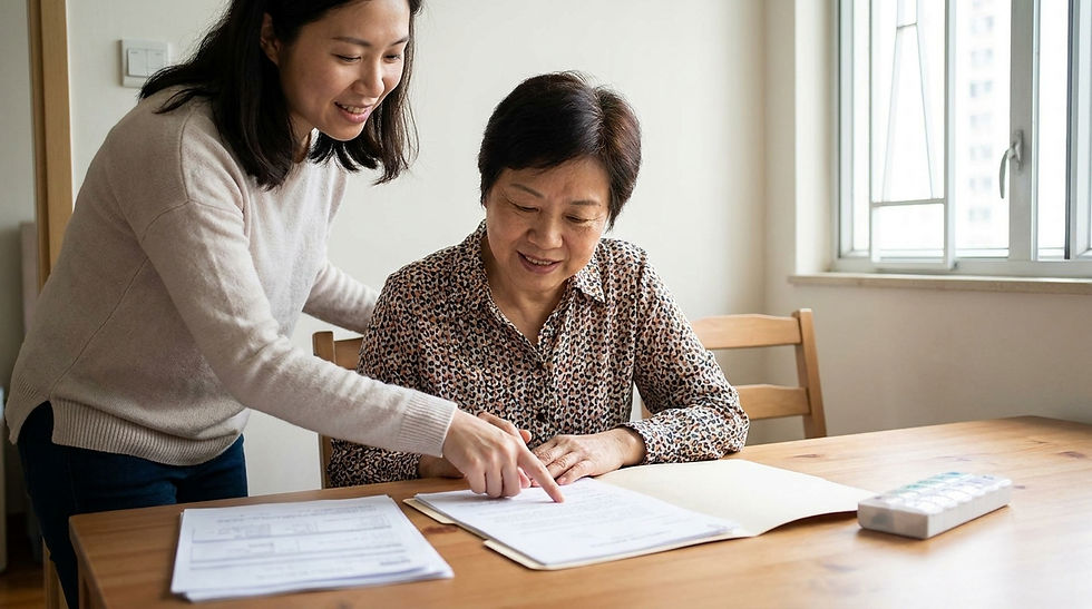 照顧者支援慢性疼痛患者 香港 — 中老年女士的女兒在旁協助整理病歷及藥物清單