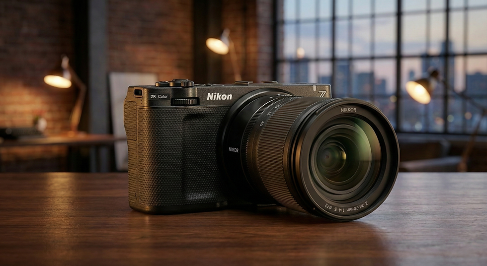 Nikon ZR 全片幅無反相機放置於室內木桌上，背景為工作室燈光與窗景，搭配 NIKKOR Z 24-70mm 鏡頭，呈現其電影級錄影相機定位、專業影片製作與內容創作應用。