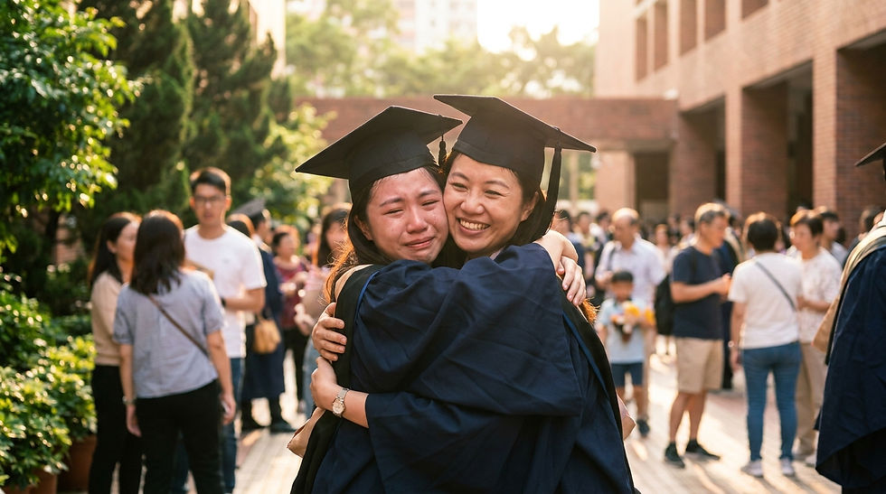 學校畢業典禮影片製作情感時刻 — 畢業生在典禮後與同窗擁抱道別的真摯情感畫面