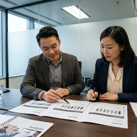 香港企業影片製作報價結構 — 企業行銷負責人與製作公司代表在辦公室審閱企業影片製作報價書，核查前期、拍攝及後期費用的明細分項