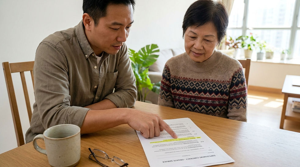 外傭服務範圍 香港 — 家人與外傭一同細閱僱傭合約列明的服務範圍條款