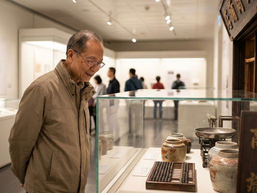 長者在博物館展廳望着舊香港歷史文物展品