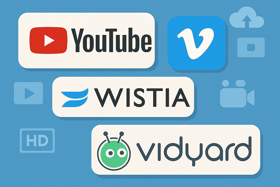 藍色背景上的四個影片平台標誌:YouTube、Vimeo、Wistia、Vidyard。圖片展示了這些平台的標誌,用於說明企業在選擇影片發佈平台時的不同選項與用途。