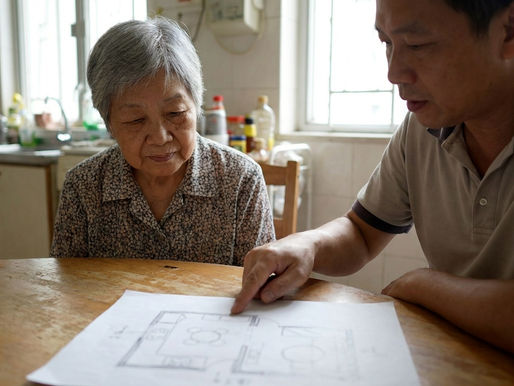 長者廚房裝修規劃 香港 — 長者與家人查看廚房佈局設計圖則