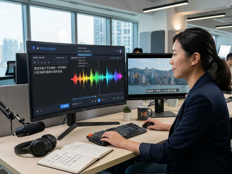香港AI配音製作 — 影片製作人員以AI語音合成工具生成企業說明影片的多語言普通話和英文配音版本