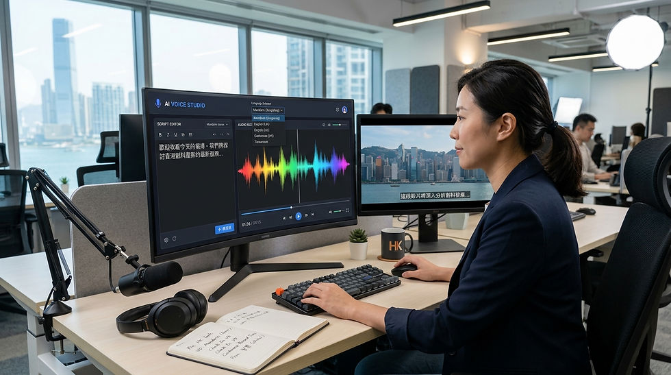 香港AI配音製作 — 影片製作人員以AI語音合成工具生成企業說明影片的多語言普通話和英文配音版本