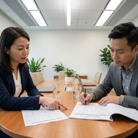 香港影片製作報價談判策略 — 香港企業行銷總監在會議室向製作公司客戶總監呈示書面製作規格調整清單,提出縮短影片時長及減少拍攝場景的具體協商方案,而非單純要求降價