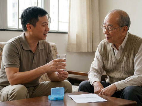 照顧者派藥 香港 — 照顧者平和地向長者解釋每種藥物的作用,並遞上一杯水