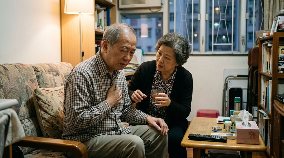 長者伯伯坐在家居客廳沙發上,一手按著胸口,表情顯得比平常辛苦,妻子在旁遞上一杯溫水並關心地望著他