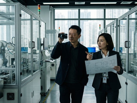 企業影片製作 導演與設施經理在香港進行高科技廠房的場景勘查。