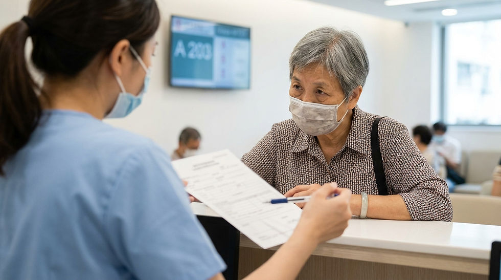 帶狀疱疹後神經痛 香港 — 中老年女士在診所候診區與醫護人員核對病歷表