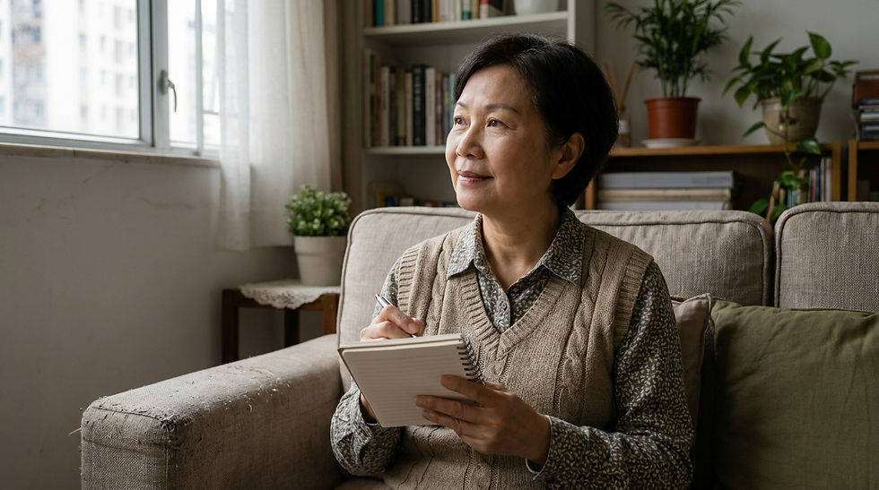一位長者女士在家中客廳翻閱一本記事簿,準備規劃求診安排