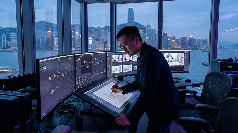 Cuson Imagity 視覺特效總監在香港工作室運用 AI影片製作能力 加速分鏡腳本與概念圖的生成。