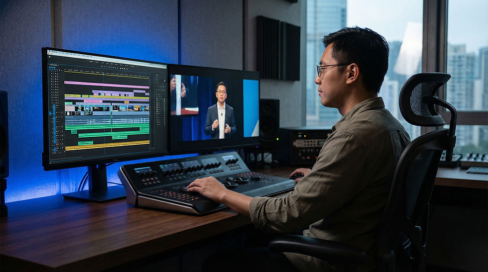 Cuson Imagity 剪輯師在香港製作室處理 活動直播 的原始多機位素材。
