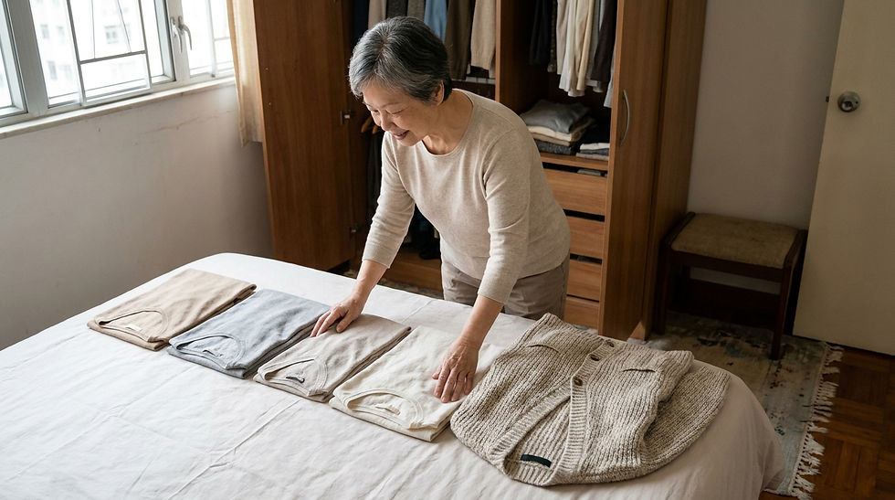 長者在家居睡房將幾件基本色調的上衣及外套整齊排列在床上
