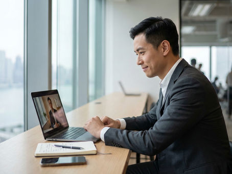 香港商業環境中一名專業人士觀看宣傳影片,透過畫面內容建立對品牌的信任與印象,體現宣傳影片如何影響品牌形象