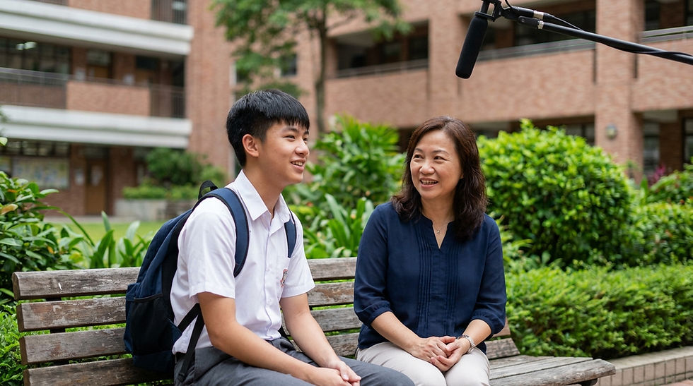 學校簡介影片製作指南師生訪談 — 學校老師與學生在校園內接受簡介影片拍攝團隊訪談