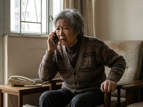 電話騙案 — 長者在家中接聽電話時面露驚慌表情