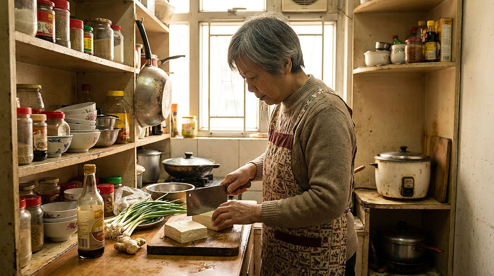 補鈣食物 香港 — 中老年女士在香港廚房準備以板豆腐、芥蘭及沙甸魚製作的高鈣膳食