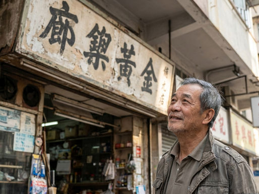 長者在舊區街道抬頭望向店舖上方的手寫招牌