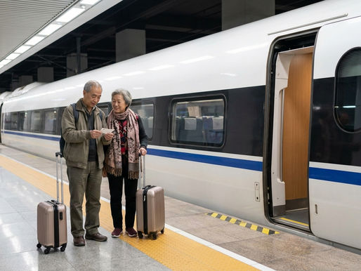 長者高鐵遊 香港 — 長者夫婦在西九龍高鐵站月台準備登上列車