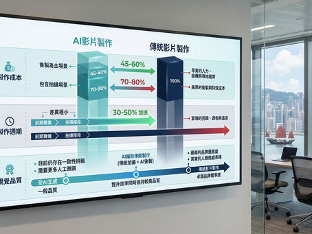 香港AI vs 傳統影片製作 — 比較分析圖表呈現AI影片製作和傳統製作在製作成本、製作週期和視覺品質三個維度的差異