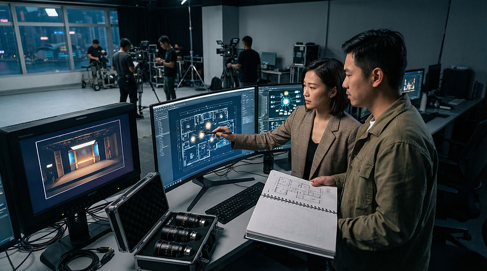 影片製作公司 技術團隊在香港工作室內將劇本轉化為精密的分鏡與拍攝日程。
