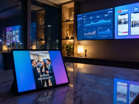 在香港專業數位行銷辦公室內，透過平板電腦展示活動花絮影片，並結合背景螢幕監測 Facebook、LinkedIn 及 Instagram 的社群數據表現。