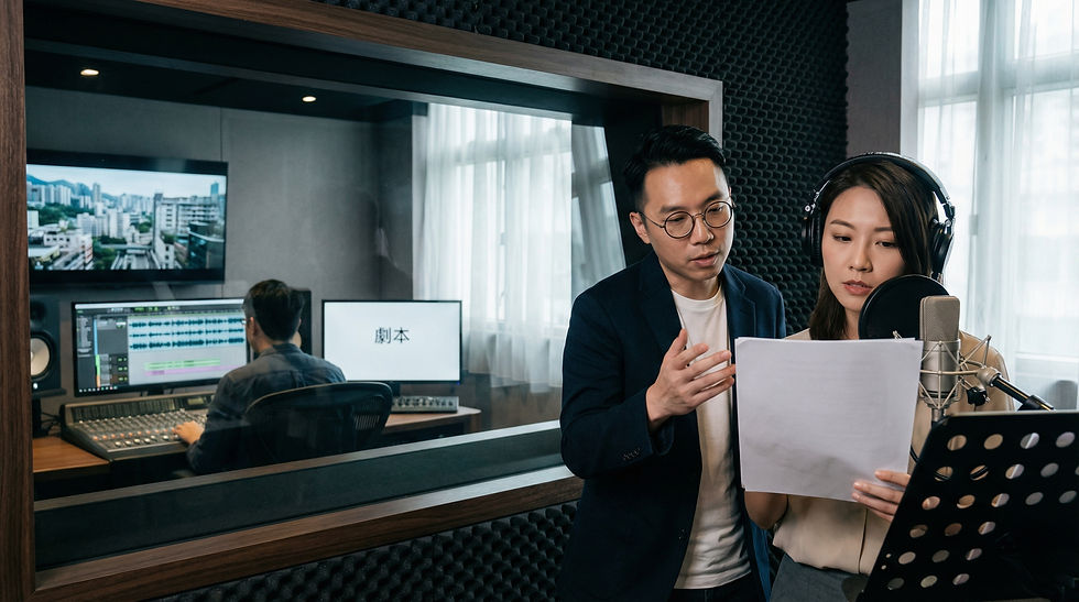 Cuson Imagity 創意總監在香港錄音室指導專業配音員,確保 宣傳影片製作 的旁白精確轉譯品牌調性。