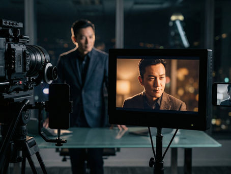 香港影片製作公司的專業校色間，調色師正在針對企業領導者影像進行色彩科學校準，確保影像具備一致的商業敘事深度。