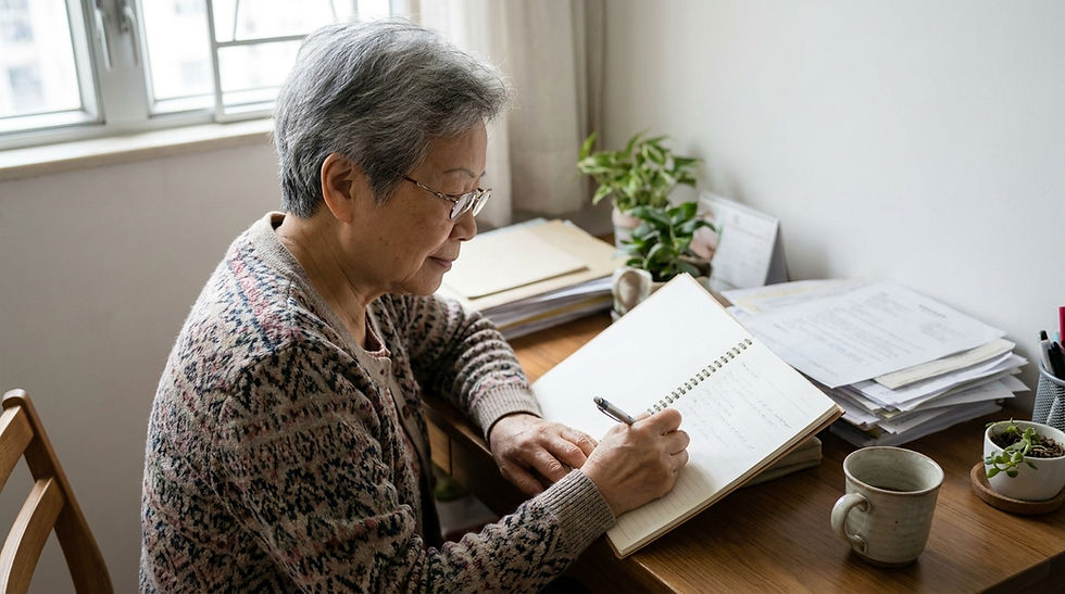 長者在家居書枱前翻閱一本記事簿,記低幾間服裝店的名稱