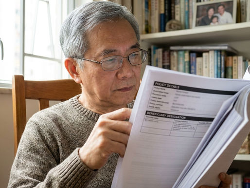 長者仔細檢查人壽保單的受益人指定資料