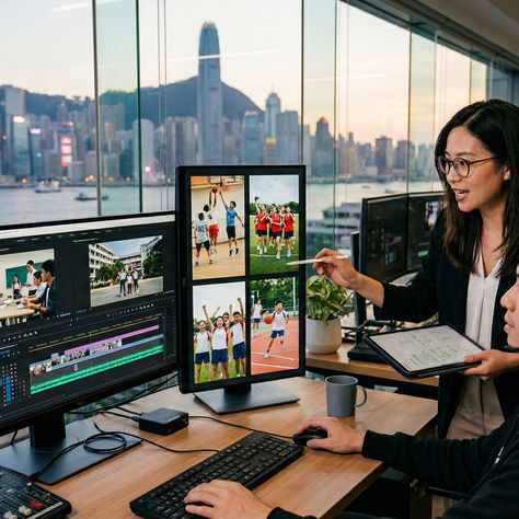 Cuson Imagity 數位行銷策略師與剪接師在香港工作室進行學校影片延伸應用,重新剪輯短影音素材。