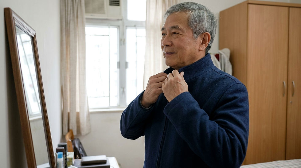 長者男士在家居睡房穿上一件簡約深藍色外套,鏡前整理衣領