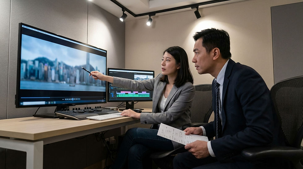 香港形象影片後期製作混音 — 錄音師在專業錄音室對形象影片進行後期聲音混音調整
