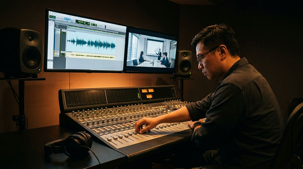 香港企業影片配音後期混音 — 錄音師在工作室對企業影片進行後期聲音混音與音量平衡調整