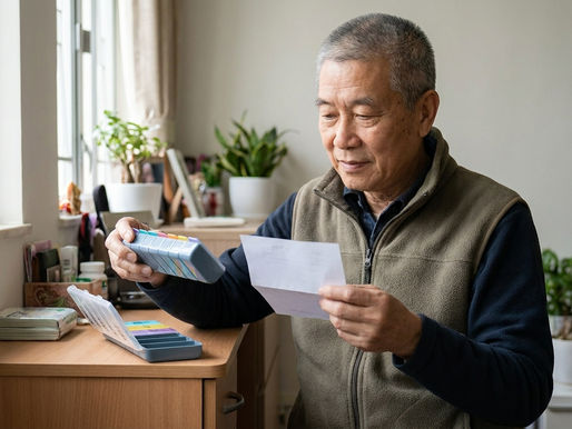 認知障礙症藥物治療 香港 — 香港中老年男士在家居藥物櫃前查看處方藥物包裝