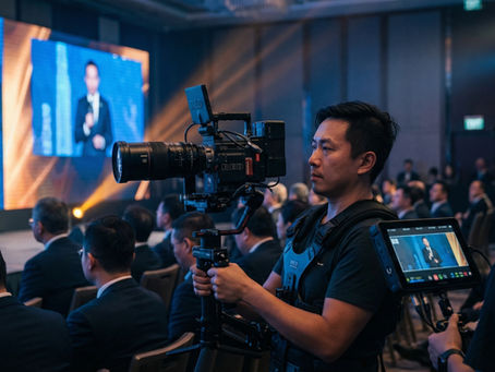 香港專業影片製作團隊正在一家高端企業論壇現場，使用配備穩定器的 RED Cinema 攝影機進行多機位拍攝，紀錄活動精彩瞬間。