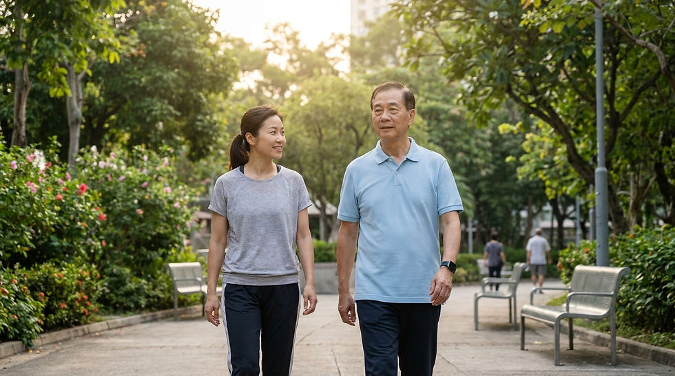 心臟病患者運動安全 香港 — 中老年夫婦在醫院附近公園進行康復步行運動