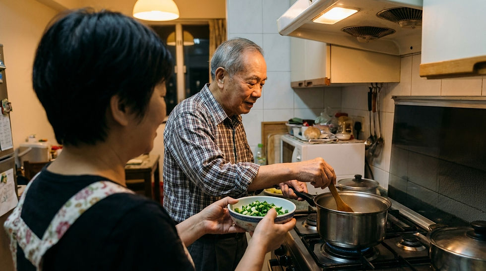 長者情感與身份新章 常見迷思 香港 — 長者與女兒在家中廚房一同準備晚餐
