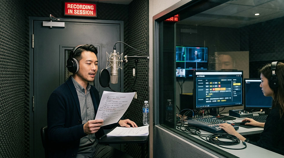 香港AI配音製作 — 專業廣東話配音員在錄音室錄製品牌形象影片的旁白,旁邊顯示AI字幕審閱界面