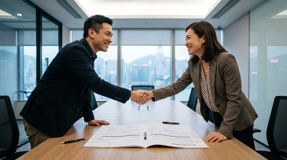 香港影片製作報價談判達成協議 — 香港製作公司客戶總監與企業行銷經理在會議室握手確認談判結果,桌上擺有已作手寫批注的修訂版影片製作報價書,雙方表情均顯示真正的雙贏協議