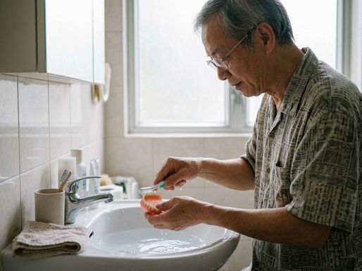 假牙清潔 香港 — 長者在洗手間盛水的盆上用專用刷清潔活動假牙